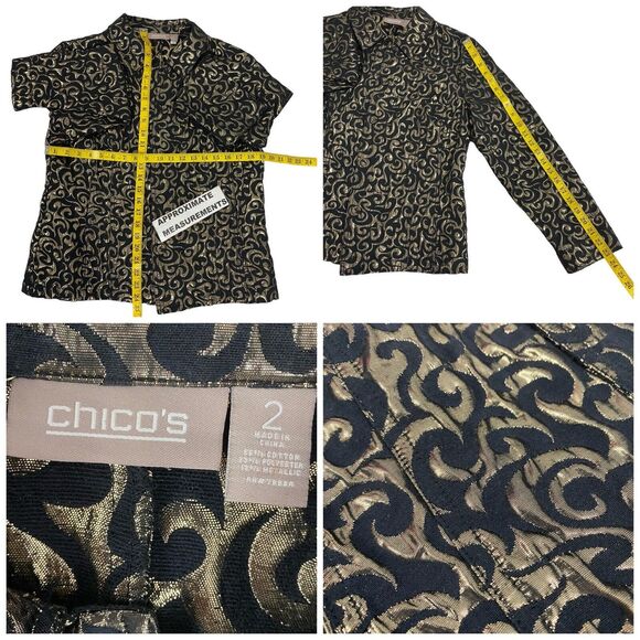 Chicos Blazer Womens Size 2 US 12 Gold Foil Party Holiday Work Office Jacket - Picture 3 of 16